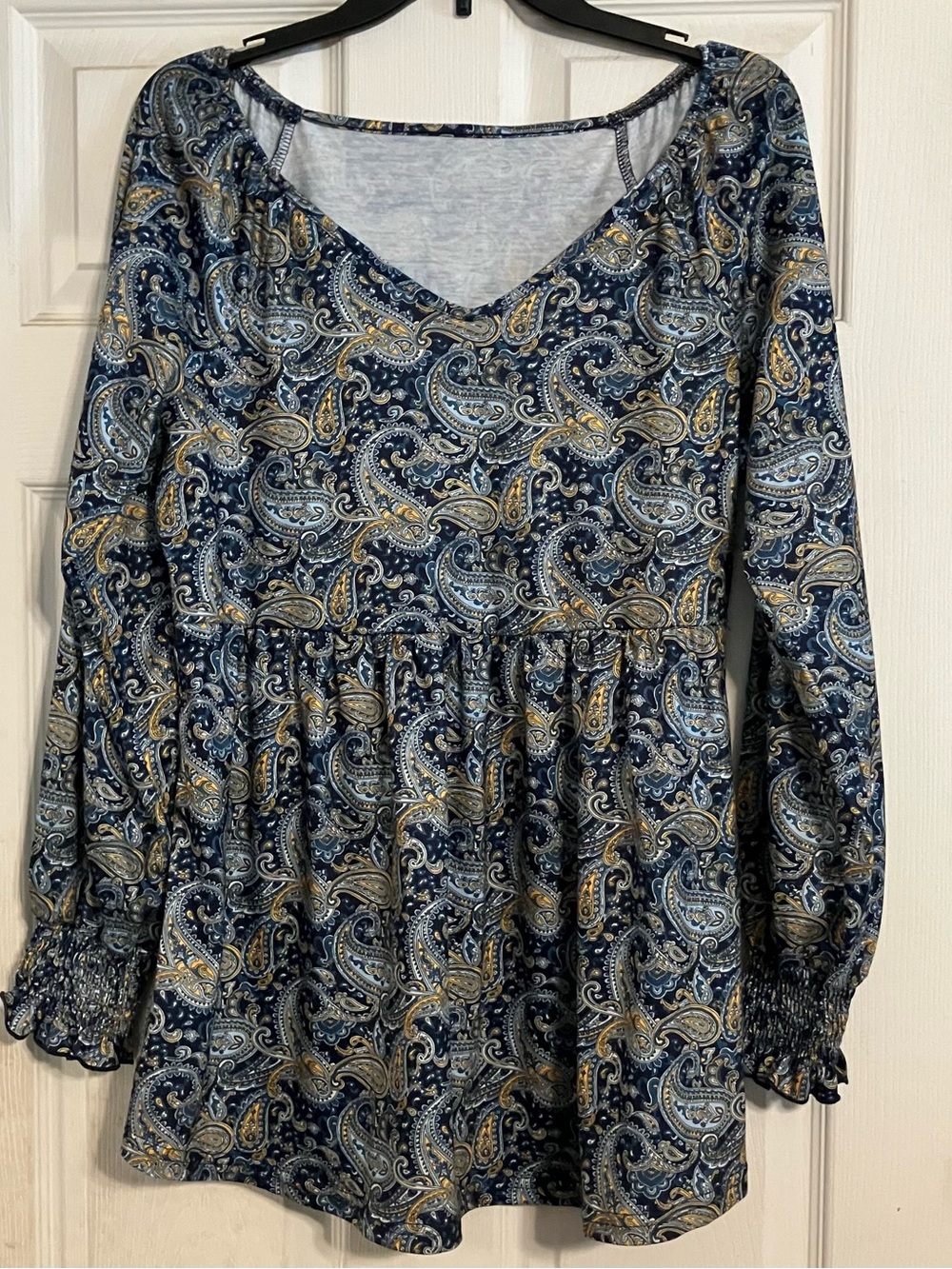 Navy Blue Gold Paisley V-Neck Smocked Cuff Babydoll Tunic Top Peasant Size L